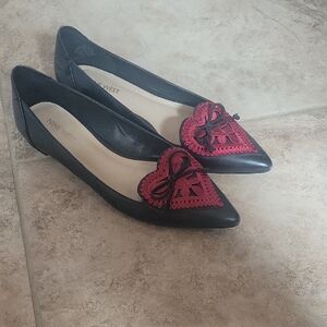 Nine West Black Flats with Red Heart Embellishment